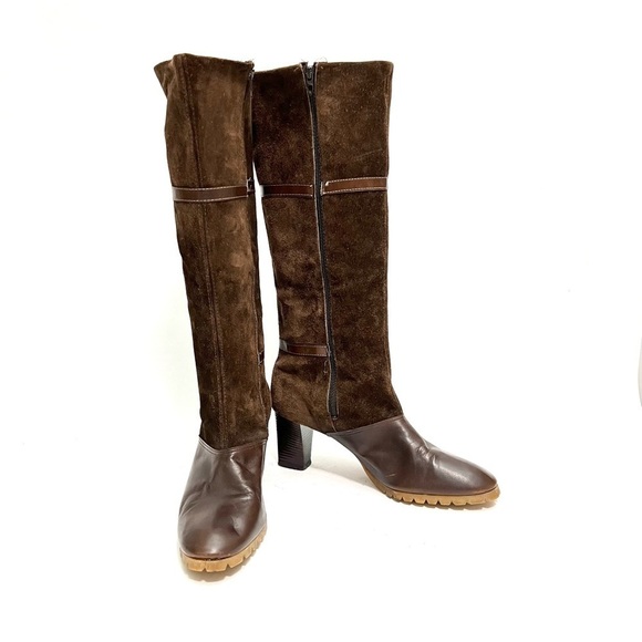 Vintage 1970s brown suede leather accent knee high zip up heeled fashion boots - Picture 5 of 9